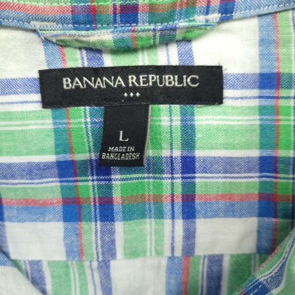 Banana Republic Mens‎ Button Down Shirt L Roll Tab Plaid Linen Cotton Blend - Picture 3 of 6